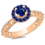 0.80 Carat (ctw) 14K Rose Gold Round Cut Blue Sapphire & White Diamond Ladies Bridal Vintage Halo Style Engagement Ring 3/4 CT