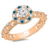0.80 Carat (ctw) 10K Rose Gold Round Cut Blue & White Diamond Ladies Bridal Vintage Halo Style Engagement Ring 3/4 CT