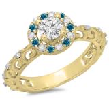 0.80 Carat (ctw) 18K Yellow Gold Round Cut Blue & White Diamond Ladies Bridal Vintage Halo Style Engagement Ring 3/4 CT