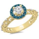 0.80 Carat (ctw) 14K Yellow Gold Round Cut Blue & White Diamond Ladies Bridal Vintage Halo Style Engagement Ring 3/4 CT