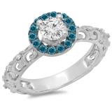 0.80 Carat (ctw) 18K White Gold Round Cut Blue & White Diamond Ladies Bridal Vintage Halo Style Engagement Ring 3/4 CT