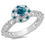 0.80 Carat (ctw) 10K White Gold Round Cut Blue & White Diamond Ladies Bridal Vintage Halo Style Engagement Ring 3/4 CT