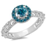 0.80 Carat (ctw) 10K White Gold Round Cut Blue & White Diamond Ladies Bridal Vintage Halo Style Engagement Ring 3/4 CT