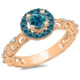 0.80 Carat (ctw) 18K Rose Gold Round Cut Blue & White Diamond Ladies Bridal Vintage Halo Style Engagement Ring 3/4 CT