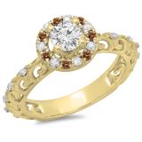 0.80 Carat (ctw) 10K Yellow Gold Round Cut Champagne & White Diamond Ladies Bridal Vintage Halo Style Engagement Ring 3/4 CT