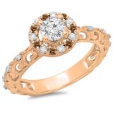 0.80 Carat (ctw) 14K Rose Gold Round Cut Champagne & White Diamond Ladies Bridal Vintage Halo Style Engagement Ring 3/4 CT