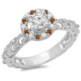 0.80 Carat (ctw) 14K White Gold Round Cut Champagne & White Diamond Ladies Bridal Vintage Halo Style Engagement Ring 3/4 CT