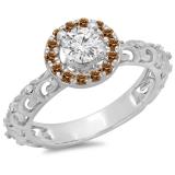 0.80 Carat (ctw) 18K White Gold Round Cut Champagne & White Diamond Ladies Bridal Vintage Halo Style Engagement Ring 3/4 CT
