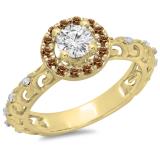 0.80 Carat (ctw) 18K Yellow Gold Round Cut Champagne & White Diamond Ladies Bridal Vintage Halo Style Engagement Ring 3/4 CT