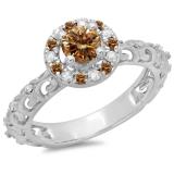 0.80 Carat (ctw) 18K White Gold Round Cut Champagne & White Diamond Ladies Bridal Vintage Halo Style Engagement Ring 3/4 CT