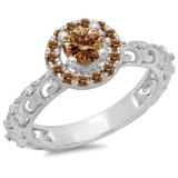 0.80 Carat (ctw) 10K White Gold Round Cut Champagne & White Diamond Ladies Bridal Vintage Halo Style Engagement Ring 3/4 CT