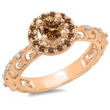 0.80 Carat (ctw) 14K Rose Gold Round Cut Champagne & White Diamond Ladies Bridal Vintage Halo Style Engagement Ring 3/4 CT