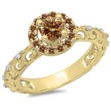 0.80 Carat (ctw) 18K Yellow Gold Round Cut Champagne & White Diamond Ladies Bridal Vintage Halo Style Engagement Ring 3/4 CT