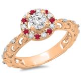 0.80 Carat (ctw) 10K Rose Gold Round Cut Ruby & White Diamond Ladies Bridal Vintage Halo Style Engagement Ring 3/4 CT