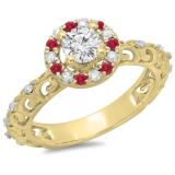 0.80 Carat (ctw) 14K Yellow Gold Round Cut Ruby & White Diamond Ladies Bridal Vintage Halo Style Engagement Ring 3/4 CT