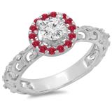 0.80 Carat (ctw) 14K White Gold Round Cut Ruby & White Diamond Ladies Bridal Vintage Halo Style Engagement Ring 3/4 CT