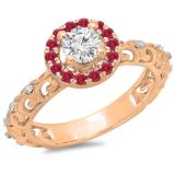 0.80 Carat (ctw) 18K Rose Gold Round Cut Ruby & White Diamond Ladies Bridal Vintage Halo Style Engagement Ring 3/4 CT