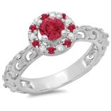 0.80 Carat (ctw) 10K White Gold Round Cut Ruby & White Diamond Ladies Bridal Vintage Halo Style Engagement Ring 3/4 CT