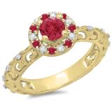 0.80 Carat (ctw) 18K Yellow Gold Round Cut Ruby & White Diamond Ladies Bridal Vintage Halo Style Engagement Ring 3/4 CT