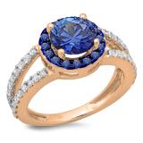 2.33 Carat (ctw) 18K Rose Gold Round Blue Sapphire & White Diamond Ladies Bridal Split Shank Halo Style Engagement Ring