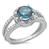 2.33 Carat (ctw) 10K White Gold Round Blue & White Diamond Ladies Bridal Split Shank Halo Style Engagement Ring