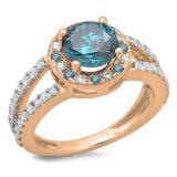 2.33 Carat (ctw) 18K Rose Gold Round Blue & White Diamond Ladies Bridal Split Shank Halo Style Engagement Ring