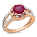 2.33 Carat (ctw) 10K Rose Gold Round Ruby & White Diamond Ladies Bridal Split Shank Halo Style Engagement Ring