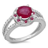 2.33 Carat (ctw) 14K White Gold Round Ruby & White Diamond Ladies Bridal Split Shank Halo Style Engagement Ring