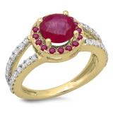 2.33 Carat (ctw) 10K Yellow Gold Round Ruby & White Diamond Ladies Bridal Split Shank Halo Style Engagement Ring