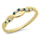 0.10 Carat (ctw) 10K Yellow Gold Round Cut Blue & White Diamond Ladies Bridal Anniversary Wedding Band Stackable Swirl Ring