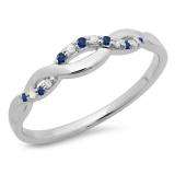 0.10 Carat (ctw) 10K White Gold Round Cut Blue Sapphire & White Diamond Ladies Bridal Anniversary Wedding Band Stackable Swirl Ring