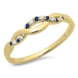 0.10 Carat (ctw) 10K Yellow Gold Round Cut Blue Sapphire & White Diamond Ladies Bridal Anniversary Wedding Band Stackable Swirl Ring