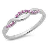 0.10 Carat (ctw) 10K White Gold Round Cut Pink Sapphire Ladies Bridal Anniversary Wedding Band Stackable Swirl Ring
