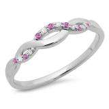 0.10 Carat (ctw) 10K White Gold Round Cut Pink Sapphire & White Diamond Ladies Bridal Anniversary Wedding Band Stackable Swirl Ring