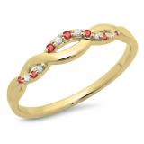 0.10 Carat (ctw) 10K Yellow Gold Round Cut Ruby & White Diamond Ladies Bridal Anniversary Wedding Band Stackable Swirl Ring