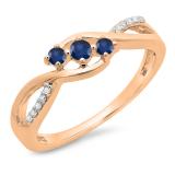 0.25 Carat (ctw) 14K Rose Gold Round Blue Sapphire & White Diamond Ladies 3 Stone Swirl Split Shank Engagement Promise Ring 1/4 CT
