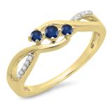 0.25 Carat (ctw) 14K Yellow Gold Round Blue Sapphire & White Diamond Ladies 3 Stone Swirl Split Shank Engagement Promise Ring 1/4 CT
