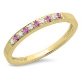 0.15 Carat (ctw) 10K Yellow Gold Round Pink Sapphire & White Diamond Ladies Anniversary Wedding Band Stackable Ring