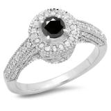 1.00 Carat (ctw) 14K White Gold Round Black & White Diamond Ladies Bridal Vintage Halo Style Engagement Ring 1 CT