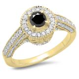 1.00 Carat (ctw) 14K Yellow Gold Round Black & White Diamond Ladies Bridal Vintage Halo Style Engagement Ring 1 CT
