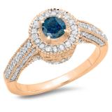1.00 Carat (ctw) 14K Rose Gold Round Blue & White Diamond Ladies Bridal Vintage Halo Style Engagement Ring 1 CT