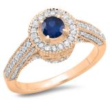 1.00 Carat (ctw) 14K Rose Gold Round Blue Sapphire & White Diamond Ladies Bridal Vintage Halo Style Engagement Ring 1 CT