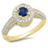 1.00 Carat (ctw) 14K Yellow Gold Round Blue Sapphire & White Diamond Ladies Bridal Vintage Halo Style Engagement Ring 1 CT