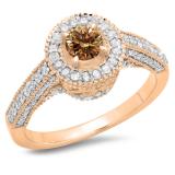 1.00 Carat (ctw) 14K Rose Gold Round Champagne & White Diamond Ladies Bridal Vintage Halo Style Engagement Ring 1 CT