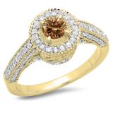 1.00 Carat (ctw) 14K Yellow Gold Round Champagne & White Diamond Ladies Bridal Vintage Halo Style Engagement Ring 1 CT