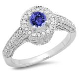 1.00 Carat (ctw) 14K White Gold Round Tanzanite & White Diamond Ladies Bridal Vintage Halo Style Engagement Ring 1 CT