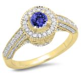 1.00 Carat (ctw) 14K Yellow Gold Round Tanzanite & White Diamond Ladies Bridal Vintage Halo Style Engagement Ring 1 CT