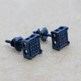 0.10 Carat (ctw) Blue Rhodium Plated Sterling Silver Round Blue Diamond V-Prong Square Shape Mens Hip Hop Iced Stud Earrings