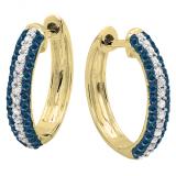 0.50 Carat (ctw) 18K Yellow Gold Round Blue & White Diamond Ladies Pave Set Huggies Hoop Earrings 1/2 CT