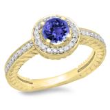1.00 Carat (ctw) 18K Yellow Gold Round Cut Tanzanite & White Diamond Ladies Bridal Vintage Halo Style Engagement Ring 1 CT